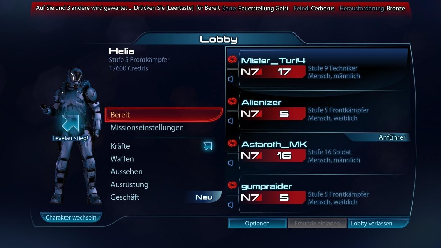 Mass Effect 3 - Multiplayer-DemoDer Koop-Modus ist auf vier Spieler ausgelegt. In der Lobby warten wir, bis das Matchmaking ein Quartett zusammengestellt hat. Dann geht es los in die Schlacht.