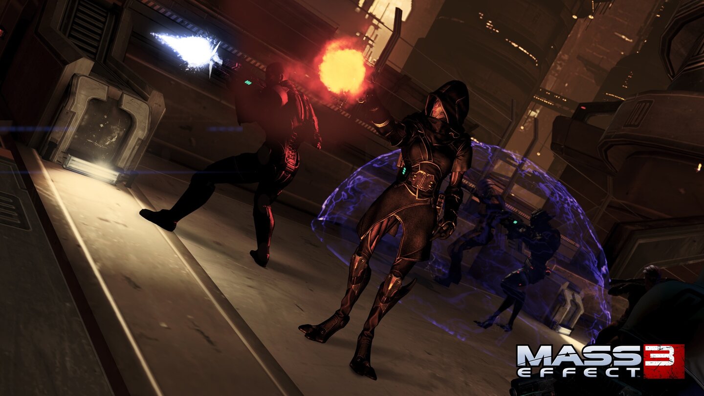 Mass Effect 3: OmegaNyreen Kandros kann mit ihrem mächtigen Schild die Gruppe beschützen.