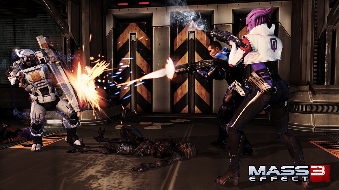 Mass Effect 3: OmegaIm Kampf ist Aria nicht nur mit Schusswaffen, sondern vor allem mit mächtigen Biotik-Fähigkeiten wie »Lash«, »Carnage« und »Flare« nicht zu unterschätzen.