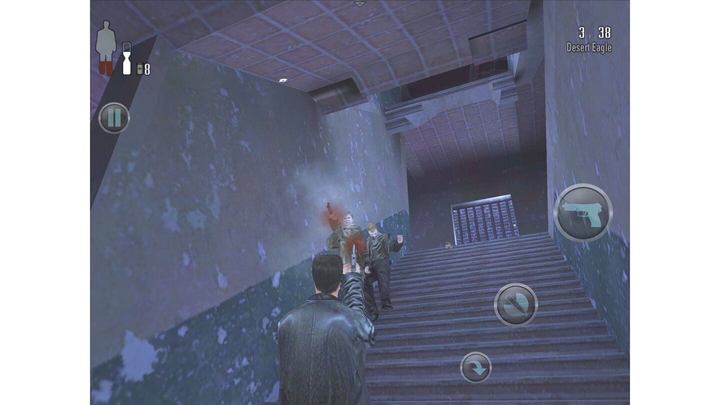 Max Payne MobileDer Bullettime-Modus bremst die bösen Buben auf Zeitlupentempo – Max kann in Ruhe zielen.