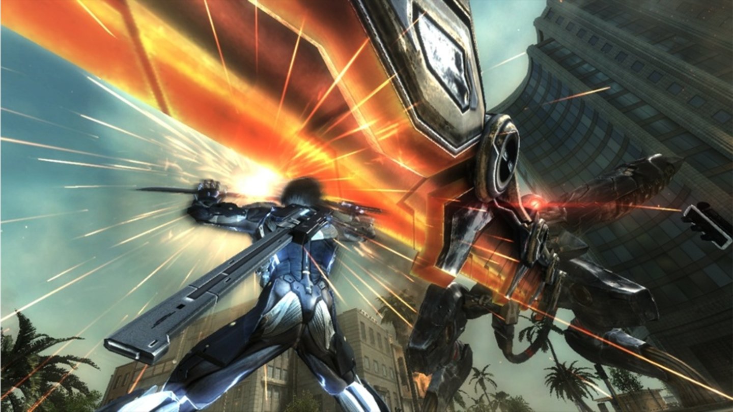 Metal Gear Rising: RevengeanceRaiden schnappt sich den Mech, wirbelt in hohem Bogen durch die Luft und schneidet den Boss durch, als wäre er aus Papier.