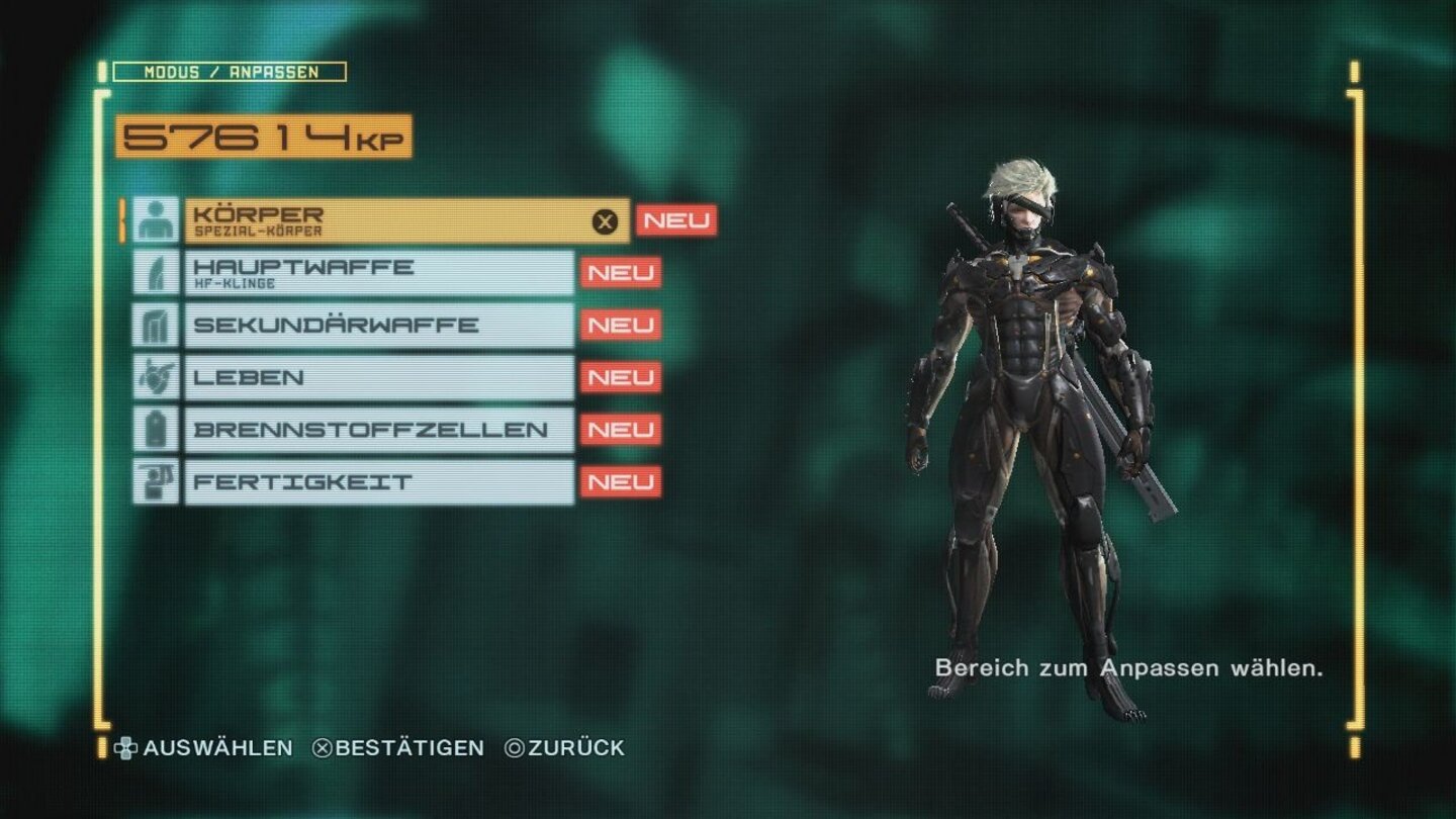 Metal Gear Rising: RevengeanceIn diesem Menü verbessert ihr Raidens Attribute oder kauft neue Waffen für den Cyborg-Ninja.