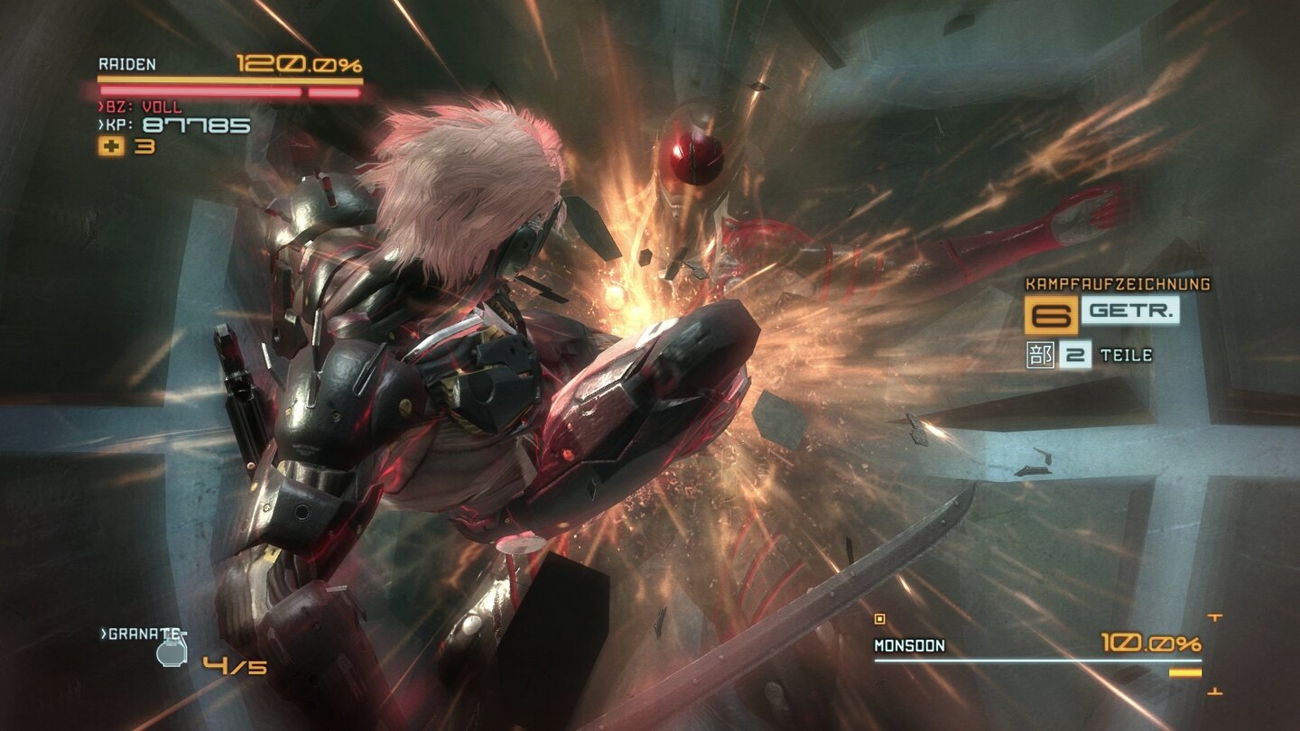 Metal Gear Rising: RevengeanceWenn wir einen Bossgegner besiegen, ist das in einer krassen Actionszene spielbar.