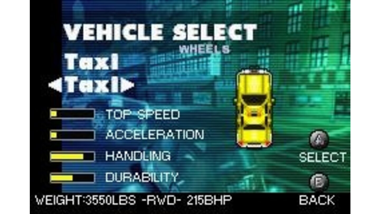 Car selection screen (some vehicles are locked too).