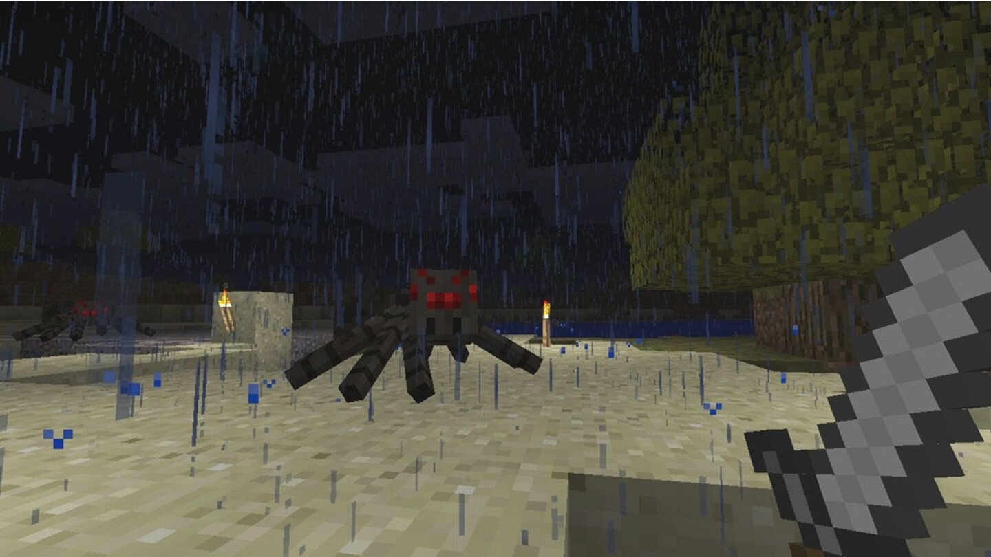 MinecraftDie tagsüber friedlichen Spinnen werden nachts aggressiv, da ändert auch der Regen nichts. Wenn wir sie erledigen, gibt es Seide, die wir als Bogensehne nutzen können.