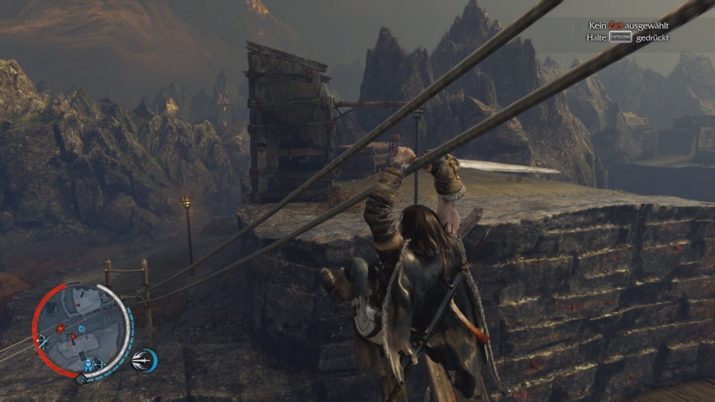 Mittelerde: Mordors Schatten - PS4-ScreenshotsMittels Seilbahnen kommen wir schneller von einem Fleck zum anderen oder flüchten flott aus einem Kampf.