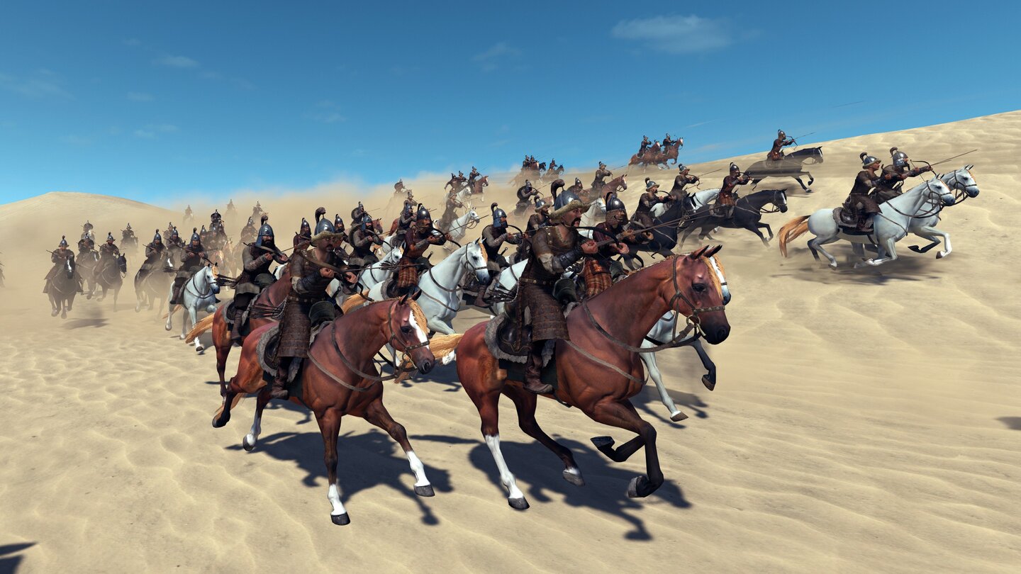 Mount & Blade 2: BannerlordIn den Wüsten und Steppen Calradias leben die Aserai und Khuzait. Die Reiterbogenschützen hier gehören vermutlich zur Khuzait-Fraktion, die an Hunnen oder Mongolen erinnert.