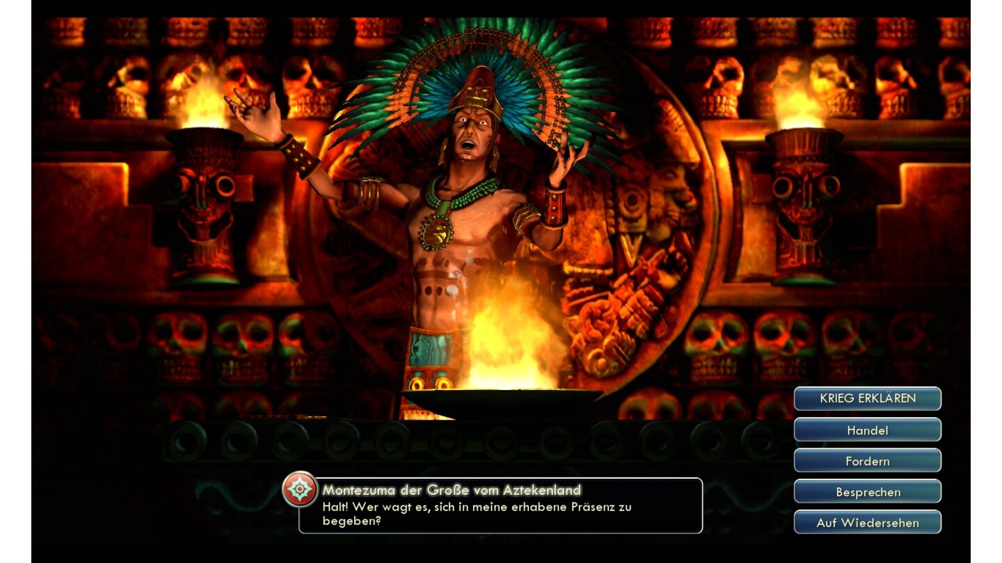 Azteken - MontezumaDie Azteken unter Montezuma bringen Gefangene als Opfergaben dar. In der Spielmechanik von Civ 5 heißt das: Kulturpunkte für jede besiegte Feindeinheit.