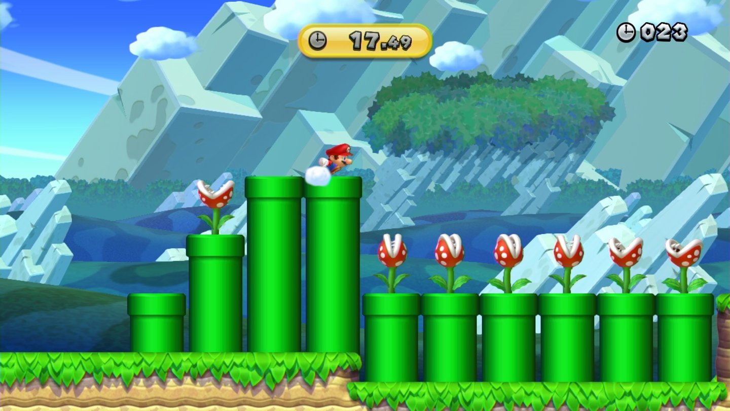 New Super Mario Bros. UVorsicht vor den fleischfressenden Pflanzen. Eine Berührung und Mario schrumpft. Eine weitere und wir dürfen vom letzten Speicherpunkt aus neu starten.