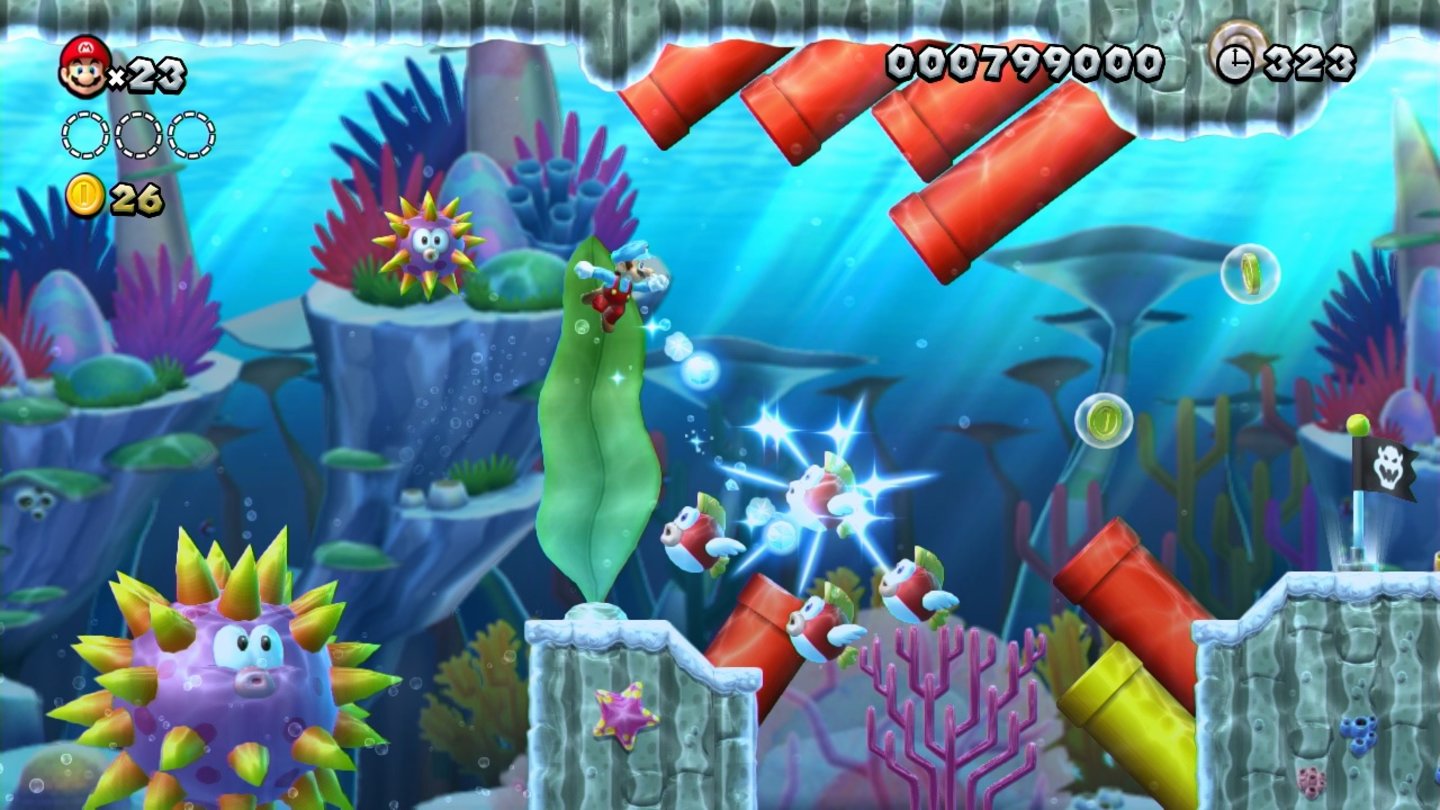 New Super Mario Bros. UWie in den klassischen Teilen gibt's auch in Mario Bros U wieder Unterwasser-Abschnitte.