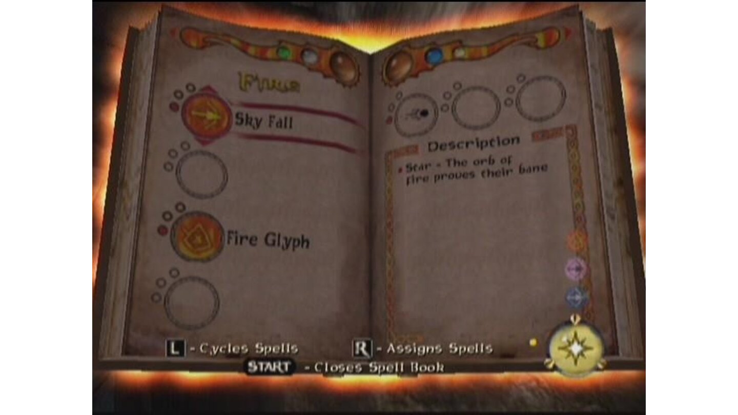 This is the Fire page of your spell book. As you progress you will gain additional spells and attacks.