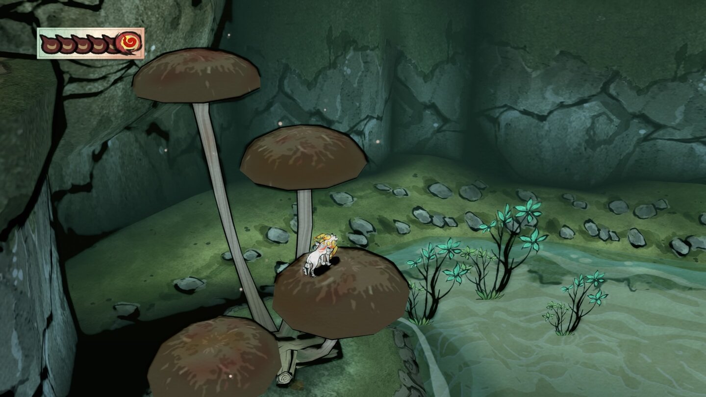 In Dungeons erwarten uns oft clevere Rätsel: Hier mussten wir die Pilztreppe erst mithilfe von Sonnenlicht sprießen lassen.
