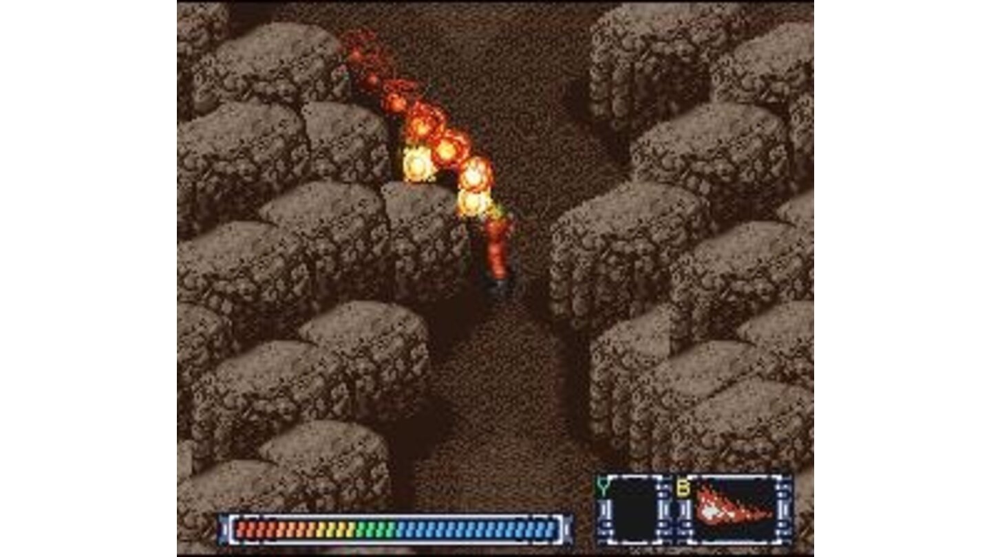 The flamethrower's flame follows over inclines and around corners