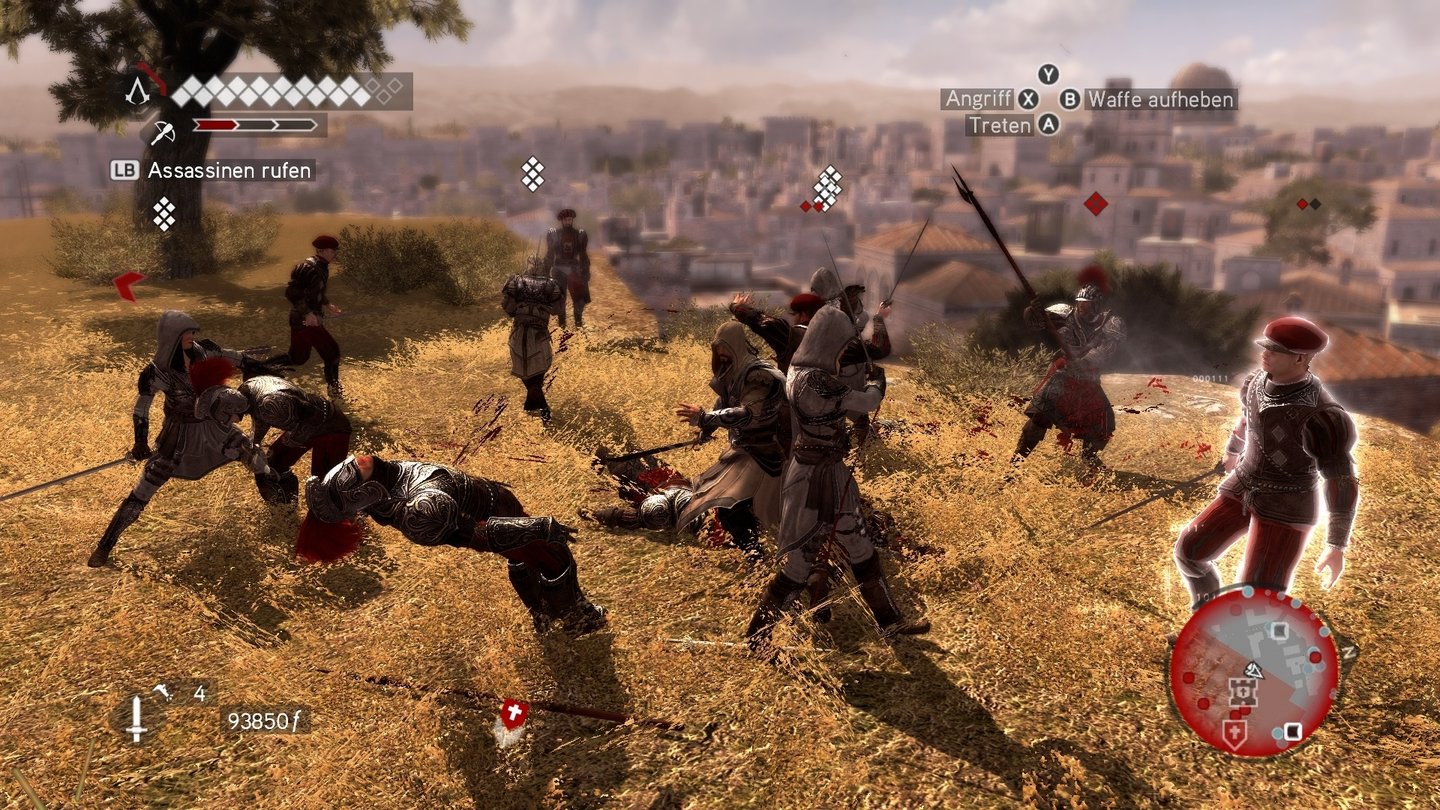 Assassin’s Creed: Brotherhood (2010/2011)
Brotherhood erscheint 2010/2011 für die Playstation 3, Xbox 360, und den PC. Ezio gründet seine eigene namensgebende Assassinenbruderschaft, die ihn bei seinen Attentaten unterstützt. Der vierte Serienteil bietet zum ersten Mal einen Mehrspielermodus, dessen Missionen sich an die Einzelspielermechaniken der Serie anlehnen.