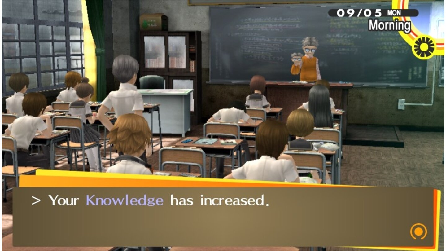 Persona 4 GoldenVormittags drückt ihr die Schulbank und steigert durch richtig beantwortete Fragen eurer Lehrer Attribute wie Wissen.