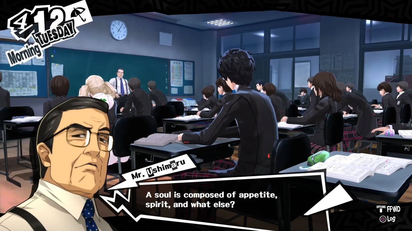 Persona 5Während des Unterrichts lockern kurze Quizfragen den Alltag auf. Die sollten wir uns merken, denn regelmäßig gibt es große Prüfungen mit lukrativen Belohnungen.