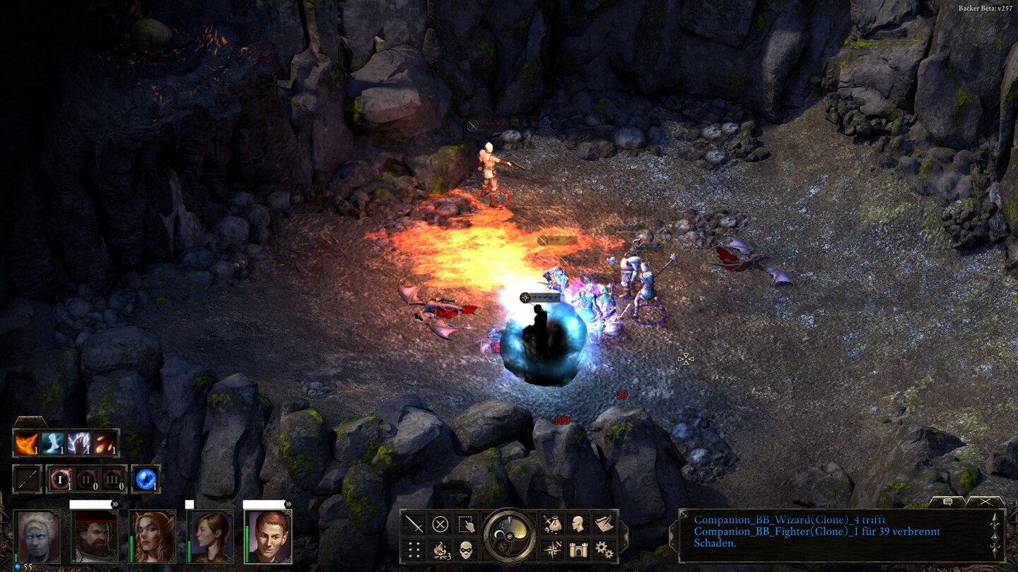 Pillars of Eternity - Beta-ScreenshotsFlächenzauber wie dieser Feuerstoß sind knifflig einzusetzen, weil sie fast immer auch unsere eigene Gruppe versengen – und die neigt dazu, im Nahkampf zusammenzuklumpen.