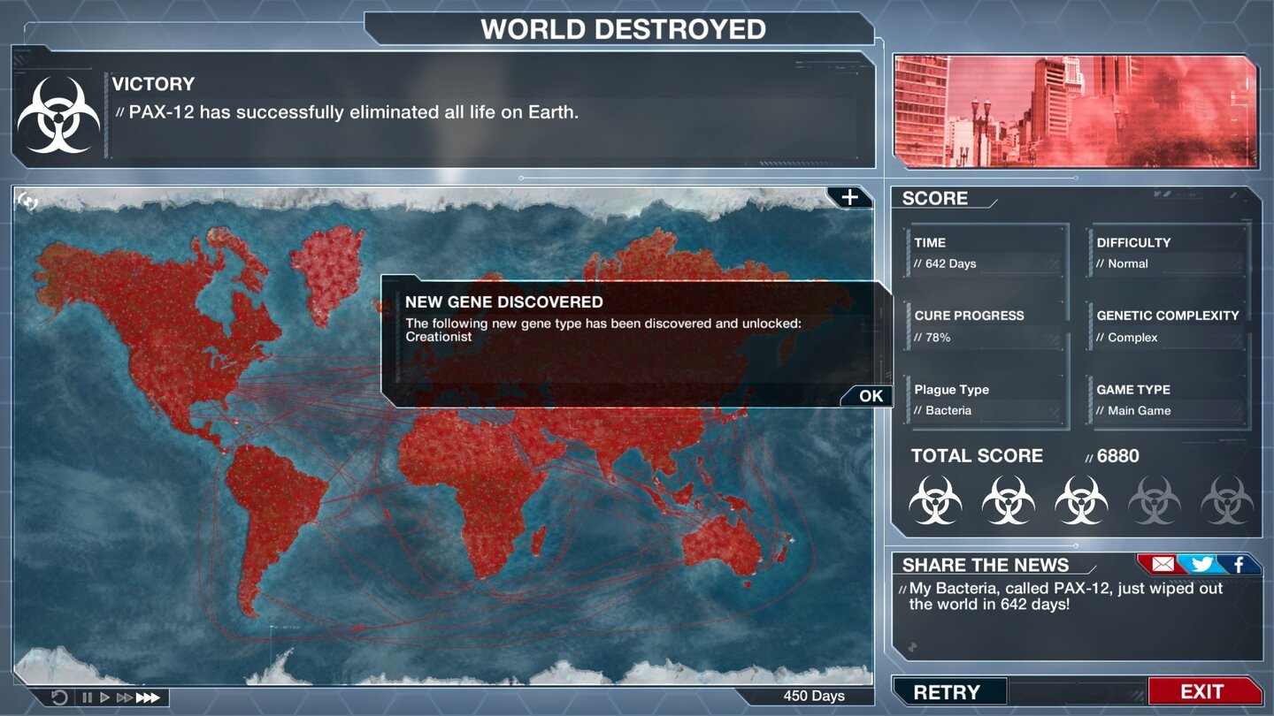 Plague Inc: EvolvedNach einer Partie dürfen wir uns nochmal unser Werk ansehen und per Facebook-Anbindung unsere Freunde wissen lassen, dass wir den virtuellen Genozid planen.