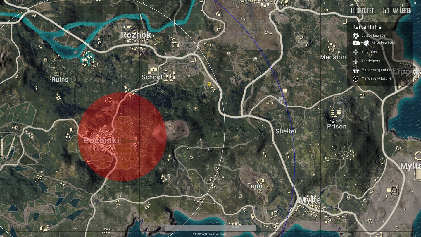 Playerunknown's BattlegroundsInnerhalb der roten Zone auf der Karte regnet es Bomben vom Himmel, in der weißen Zone sind wir in Sicherheit, und außerhalb der blauen erleiden wir fortwährend Schaden.