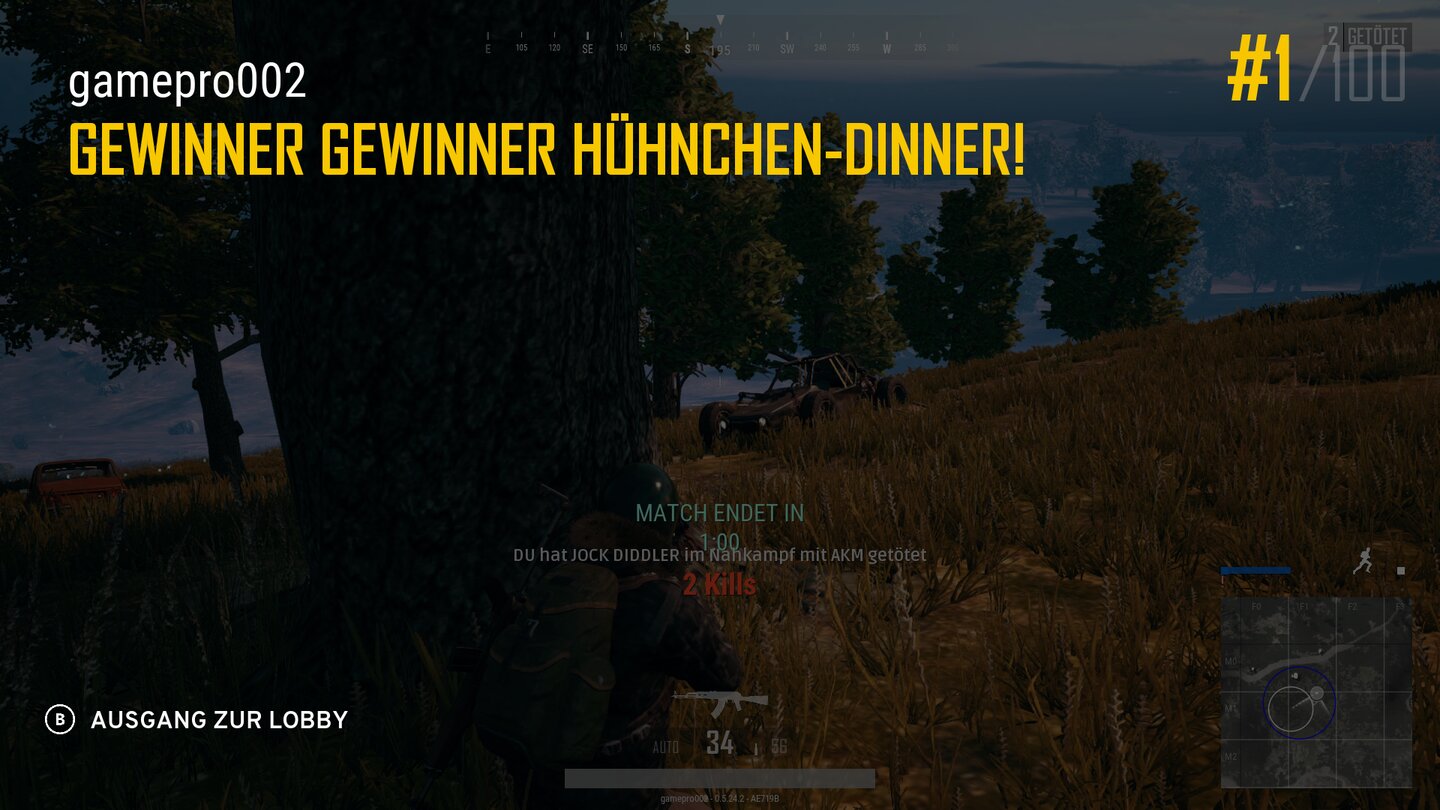 Playerunknown's BattlegroundsEin Sieg wird mit dem berühmten Chicken-, oder auf Deutsch Hühnchen-Dinner belohnt.