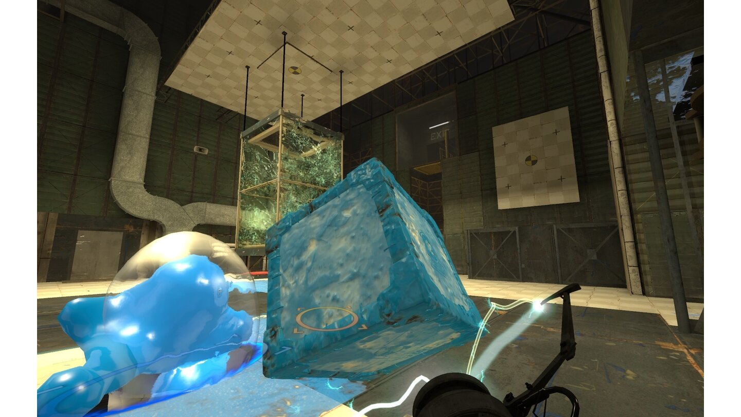 Portal 2Mit dem blauen Gel beschmiert, springen Objekte wie dieser Würfel wild durch die Testkammern.