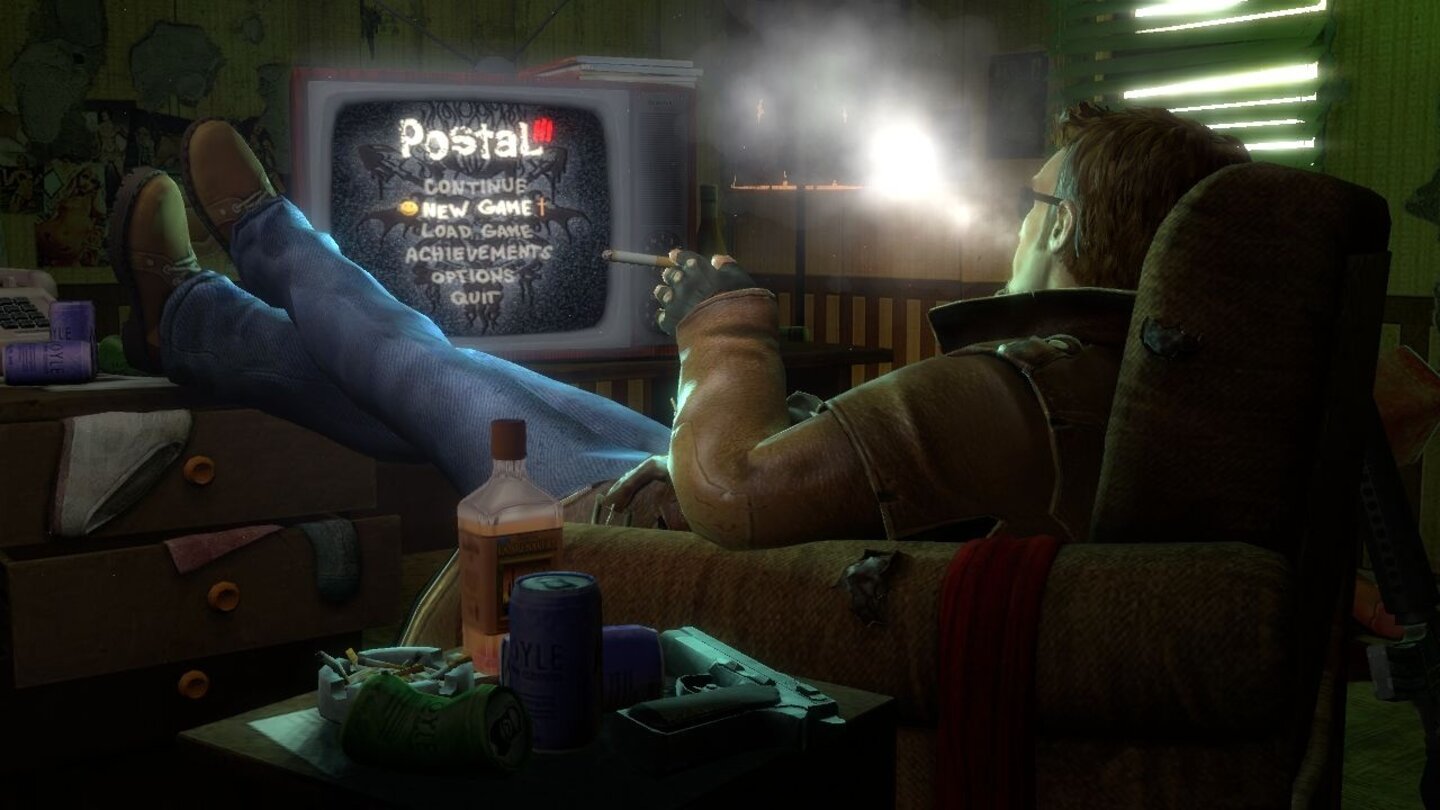 Postal 3Das Hauptmenü zählt schon fast du den beeindruckendsten Szenen des ganzen Spiels.