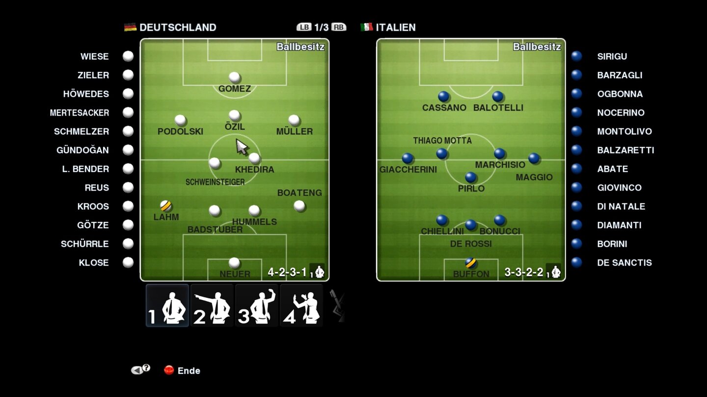 Pro Evolution Soccer 2013Absurd: Auch den »Mauszeiger« iM Aufstellungsmenü müssen wir mit dem Gamepad oder der Tastatur bewegen.