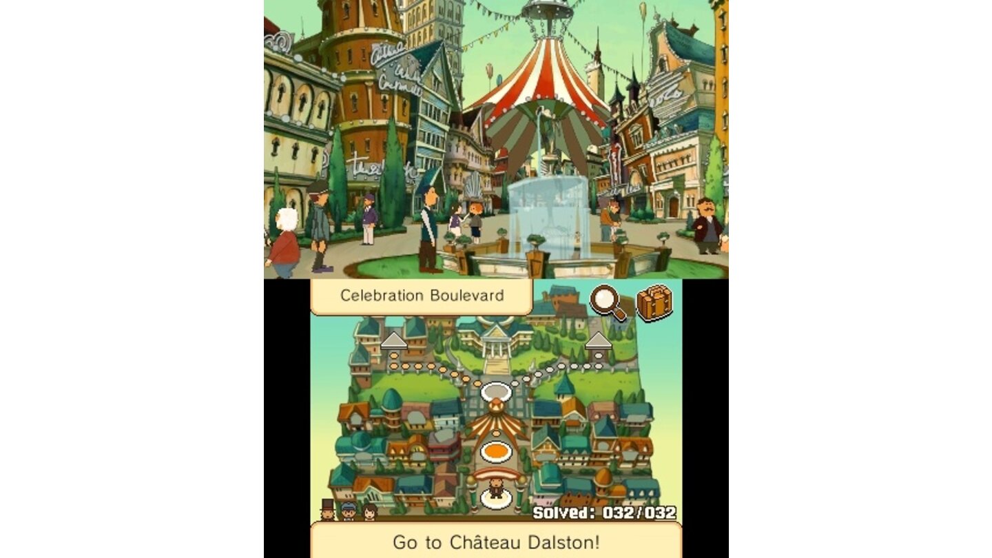 Professor Layton und die Maske der WunderDie Karte auf dem unteren Bildschirm hilft uns die Stadt zu erkunden.