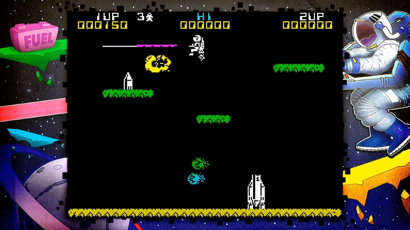 Jetpac (ZX-Spectrum, 1983)
Simples Geschicklichkeitsspiel, in dem ein Astronaut seine modulare Rakete zusammenbauen und heranrauschenden Gesteinsbrocken ausweichen muss.
Wertung: * von ***