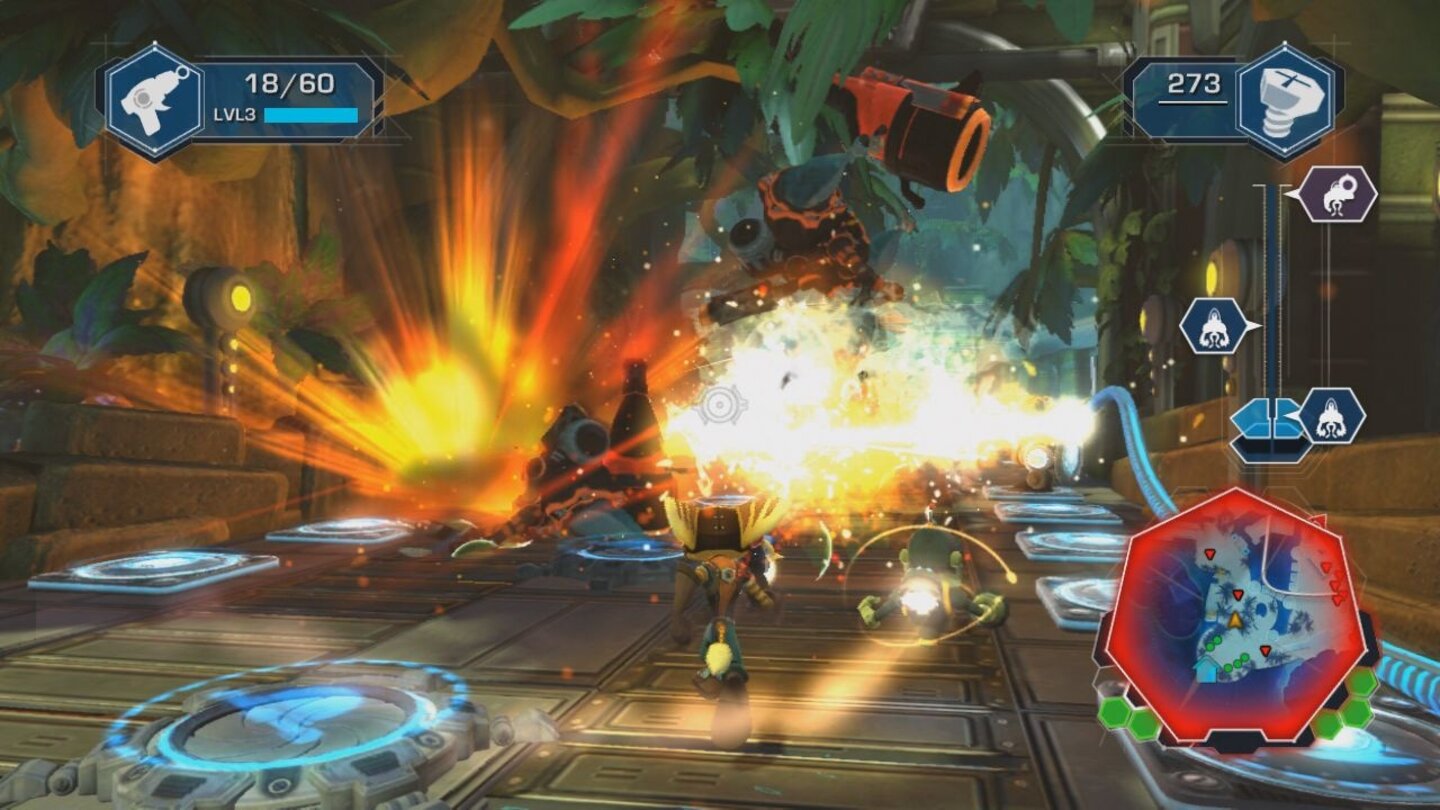 Ratchet & Clank: QForceEffektreiche Explosionen und Feuer überall. In Ratchet & Clank gibt es kaum eine ruhige Minute.