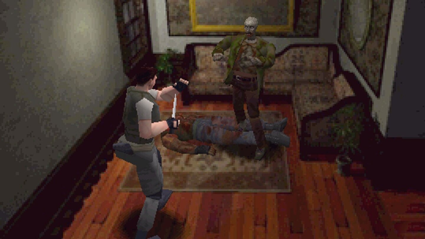Resident Evil (1996)Im Kern ist der Horror-Klassiker Resident Evil eigentlich nicht sonderlich gruselig. Man stolpert durch ein mysteriöses Herrenhaus, streckt Zombies, Monsterhunde und Mutanten nieder und muss dabei penibel auf den Munitionsverbrauch achten – spektakulär ist anders. Das Grauen ergibt sich eher unfreiwillig: durch die schreckliche Bedienung. Unser Alter Ego dreht sich nervenaufreibend langsam und kann obendrein nur in drei grobe Richtungen zielen: schräg nach unten, schräg nach oben oder waagerecht. In der Regel also genau da hin, wo sich unser Gegner gerade nicht befindet. Ob wir den überhaupt sehen können, ist oft Glückssache, denn die Kamera orientiert sich nicht an der Spielfigur, sondern wechselt mit jedem Raum, den wir betreten, in eine andere feste Position. Immerhin: Die Ladepausen vor jedem neuen Zimmer geben uns die Gelegenheit, uns auf das Grauen der nächsten Kamera-Fehlstellung vorzubereiten.