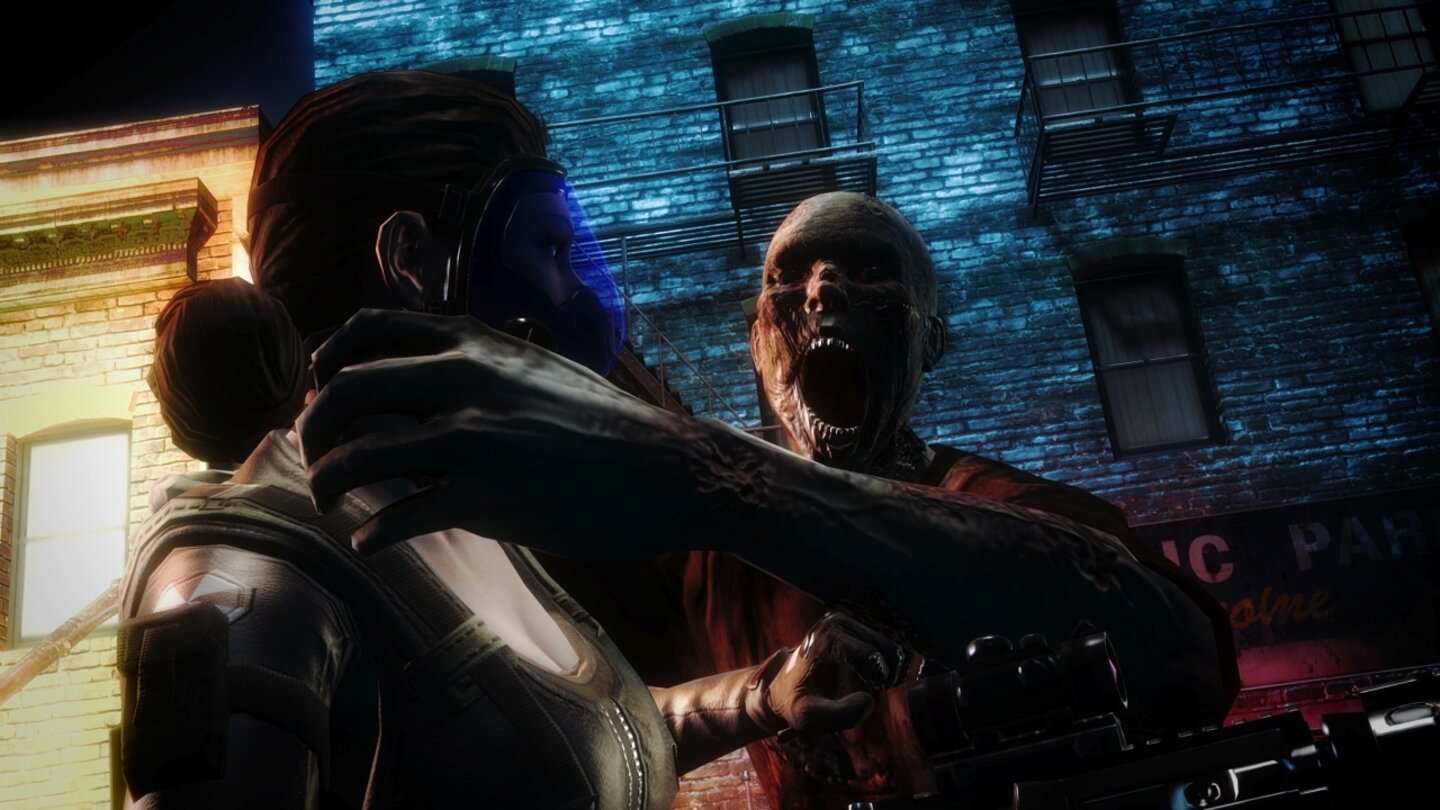 Resident Evil: Operation Raccoon CityDa hilft auch die Gasmaske nichts: Einmal gebissen wuchert der T-Virus im Körper und verwandelt das Opfer in einen Zombie.