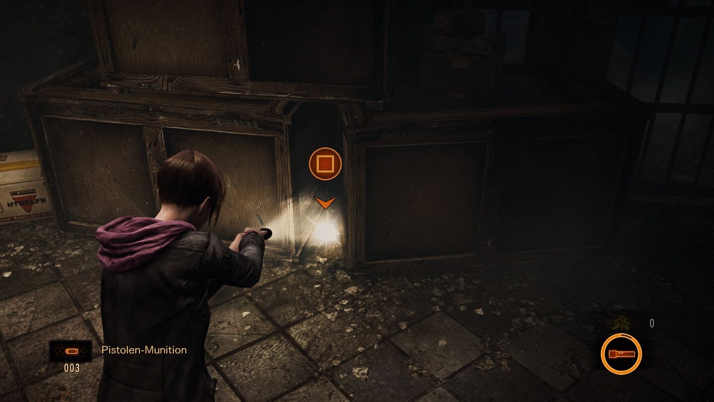 Resident Evil: Revelations 2Moira erkennt jedoch ein dezentes Blitzen. Mit ihrer Taschenlampe kann sie ein Item sichtbar machen.