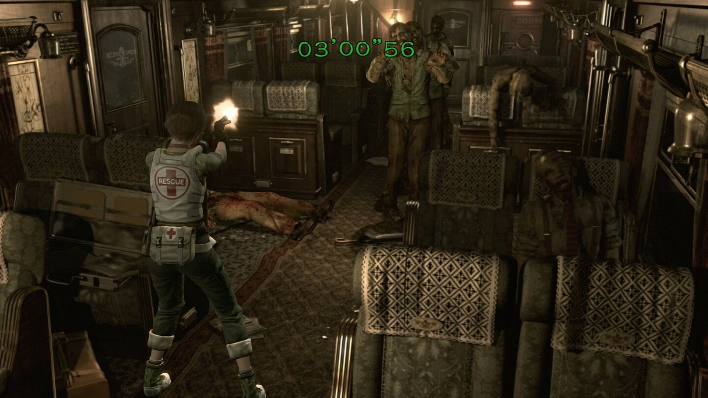 Resident Evil Zero RemasteredWenn ein Countdown über den Bildschirm läuft, sollte man sich nicht mit Zombie-Scharmützeln aufhalten.