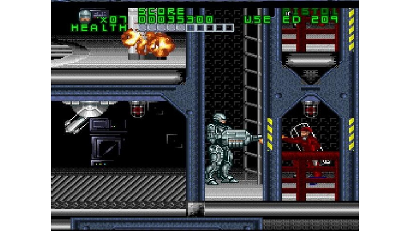 Robocop fights his way through the OCP robotics factory, past haywire security turrets and uncooperative OCP security troopers