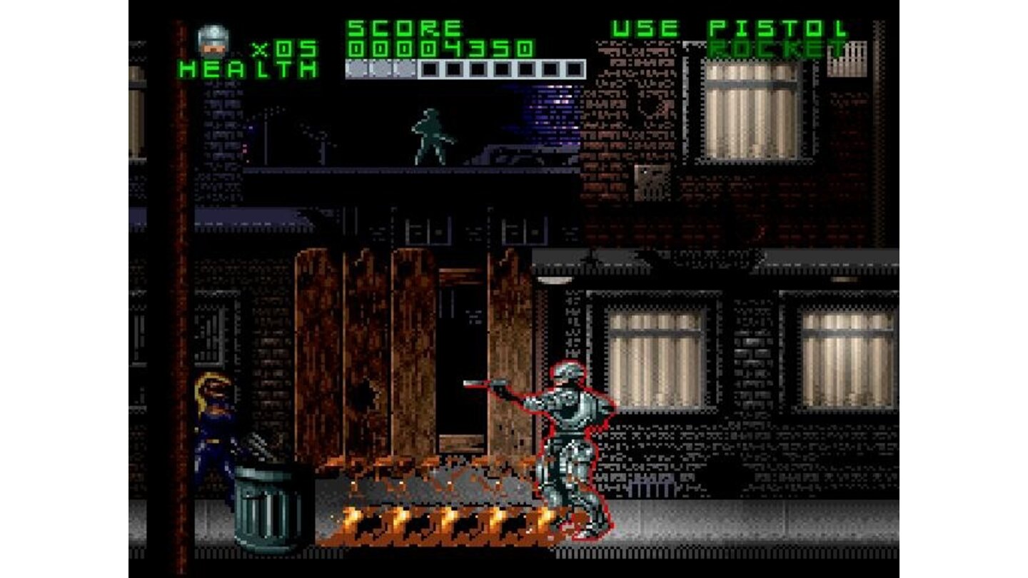 Throughout the first level, Robocop is constantly harrassed by a mysterious figure in the background with a rocket launcher, who likes to blast holes in the street