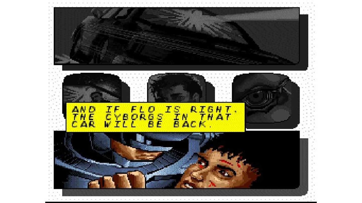 Comic book-like cutscenes tell the story as the game progresses. Note the not-so-subtle Arnie reference