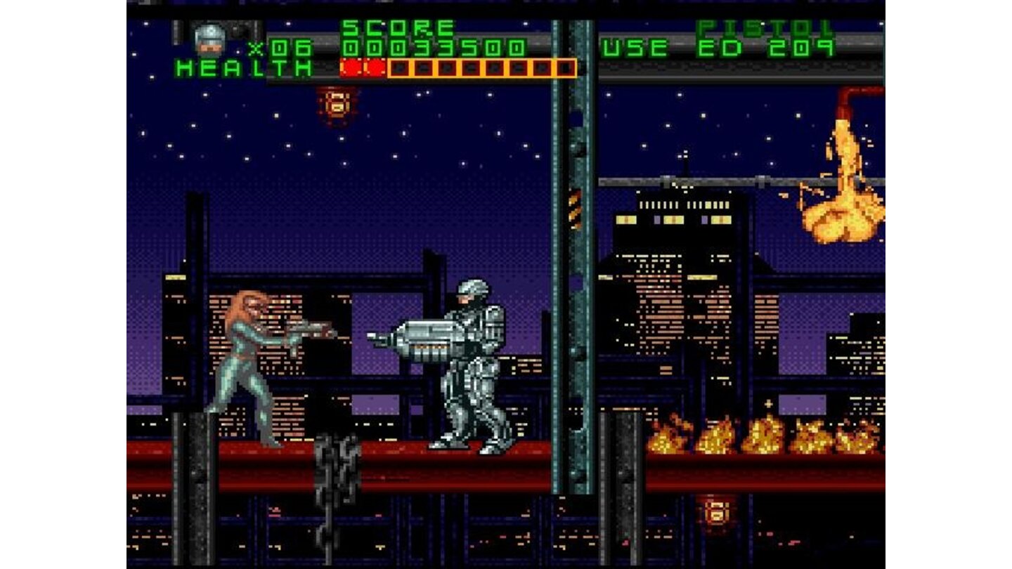Robocop fights through an out-of-control construction site, filled with deadly traps, falling girders, flaming pipes, and yet more uzi-wielding leather chicks. ED-209's arm makes a decent weapon
