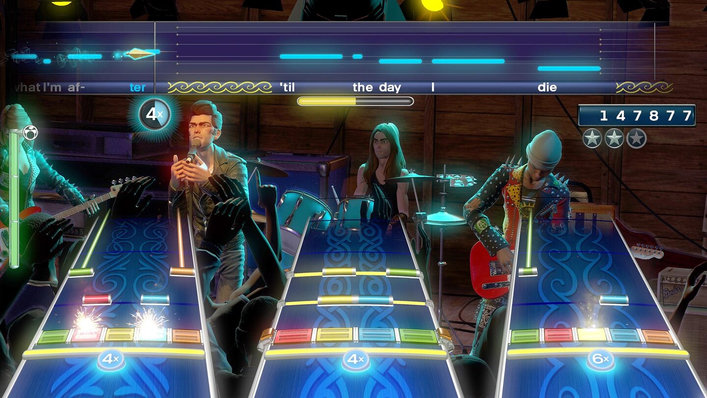 Rock Band 4Gewohntes Bild: Der Spielbildschirm mit den bunten Noten und Reihen ähnelt dem der Vorgänger.