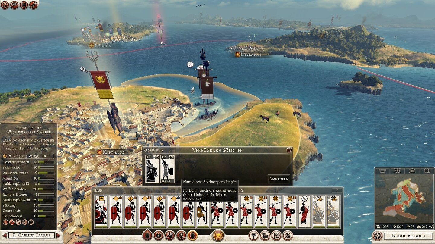 Total War: Rome 2Der römische Feldherr hat Karthago besetzt, doch hinter ihm blockieren libysche Flotten - Verbündete der Karthager - seine Rückzugslinie.