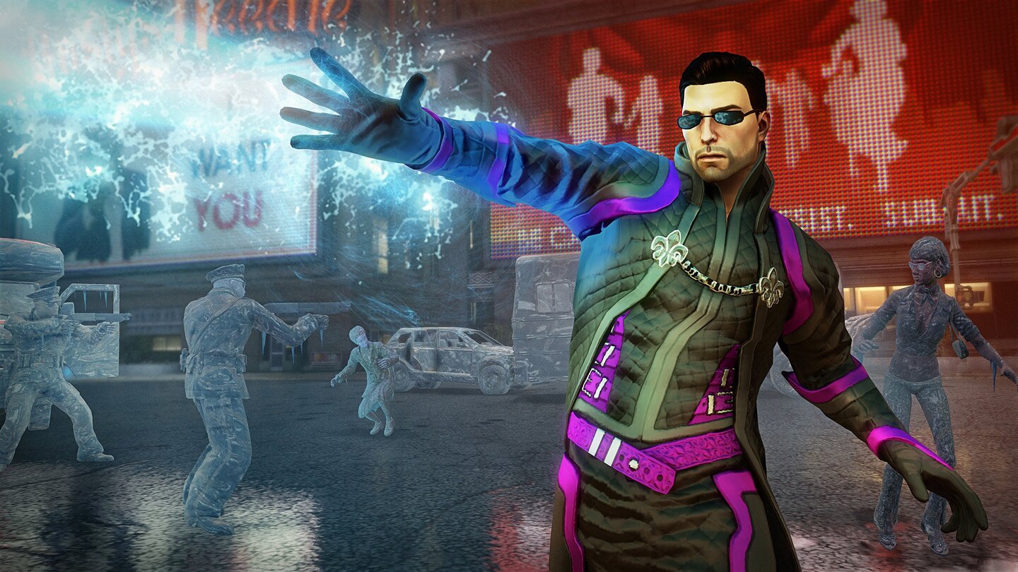 Saints Row 4Mit dem Eis-Blast frieren wir unsere gegner ein und zerbröseln sie danach mit einem Faustschlag.