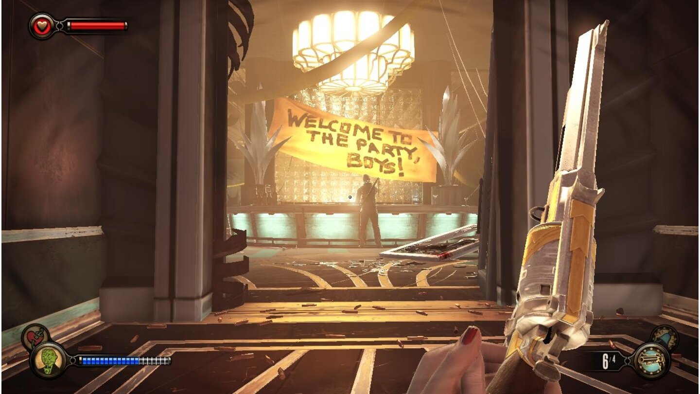 BioShock Infinite - Burial at Sea Episode 2Dieses Banner kann wohl als Einladung zu einer wilden Schießerei verstanden werden.