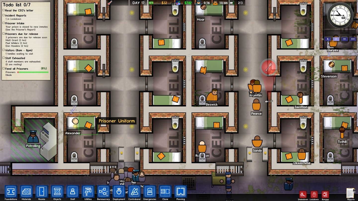 Prison Architect
Unser Zellblock ist in Gefahrenstufen aufgeteilt. Unten links hat ein Wärter den Kleinkriminellen die Tür geöffnet, während rechts die normalen Gefangenen in ihre Zellen strömen.