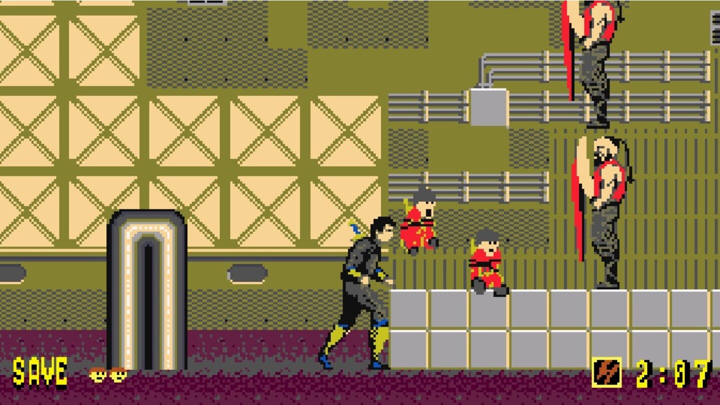 Shinobi (1987)Im Automaten-Sidescroller Shinobi von 1987 schlüpft der Spieler in die Haut des Ninjas Musashi, der einer Entführerbande das Handwerk legen soll. Mit Wurfsternen, Katana und Pistole bewaffnet, kämpft er sich den Weg zu besonders starken Bossgegnern frei, den gegnerischen Attacken entgeht er durch die geschickte Nutzung von Kisten als Deckung.