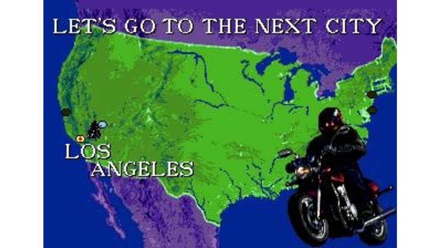 Map screen: riding a motorcycle, the player makes a long travel to the next challenge... :-D