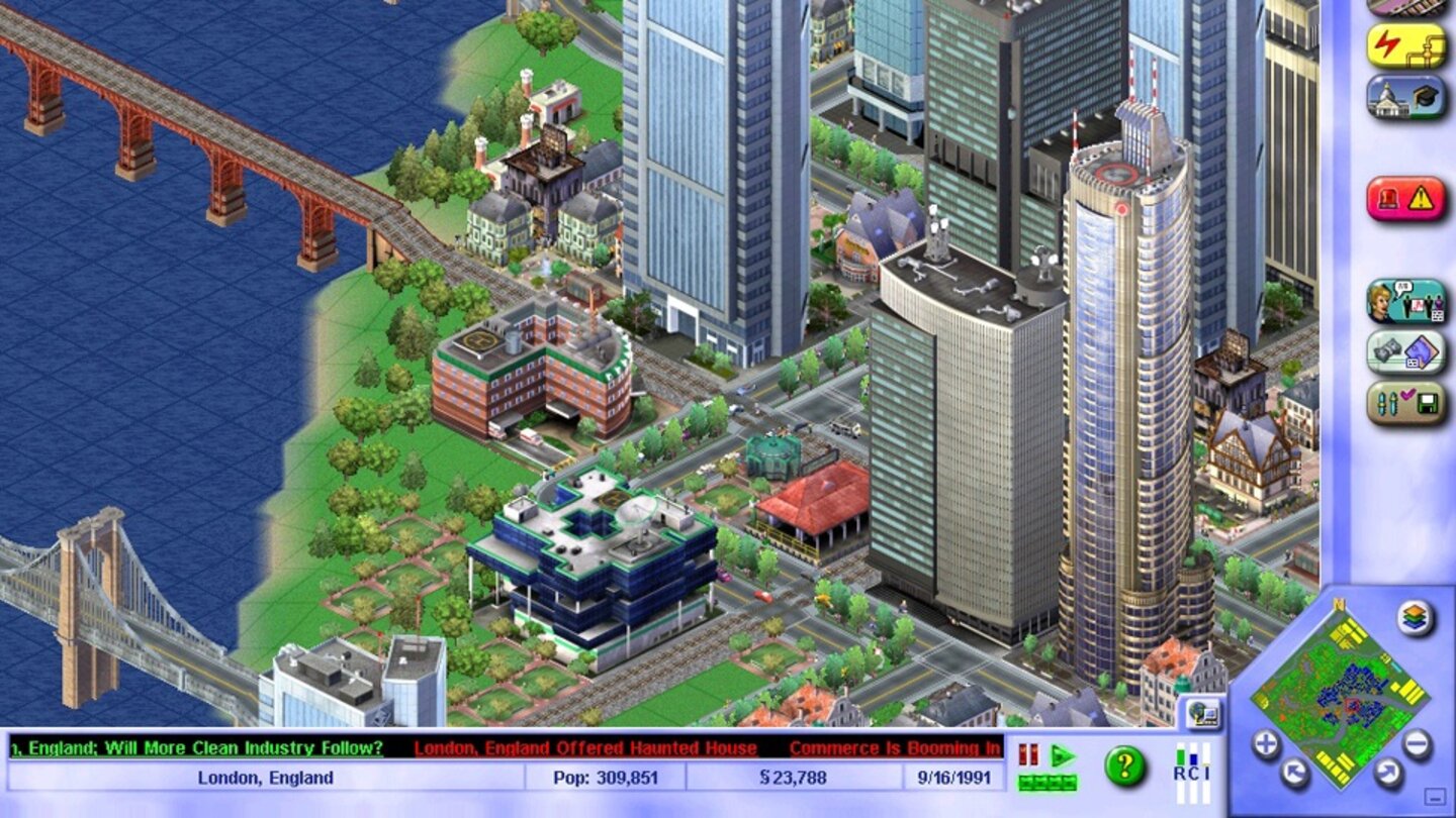 Sim City 3000 (1999)Der dritte Teil der Sim-City-Serie wurde 1999 mit Sim City 3000 veröffentlicht. Neben der obligatorisch besseren Grafik bringt der dritte Serien-Teil wieder interessante Neuerung auf der Spielseite, beispielsweise den Nachrichtenticker am unteren Bildschirmrand, der dem Spieler aktuelle Infos über seine Stadt liefert. Weitere wichtige Neuerungen im Vergleich mit Sim City 2000: Der Spieler muss sich um die Müllbeseitigung kümmern. Auch das Nachbarschafts-System des Vorgängers wurde deutlich ausgebaut, so dass jetzt Slums, Mittelklasse-Bezirke und Villen-Viertel entstehen. Neue Wirtschaftsoptionen eröffnen zudem zusätzliche Einnahmequellen. Neben der normalen Version kam SimCity 3000 auch in der erweiterten Version »SimCity Deutschland« auf den Markt, in der bekannte deutsche Gebäude als Szenarien beigefügt sind. Sim City 3000 wurde für Windows, Linux und MacOS 9 veröffentlicht und später unter anderem in angepasster Form für iOS- und Android-Geräte veröffentlicht.