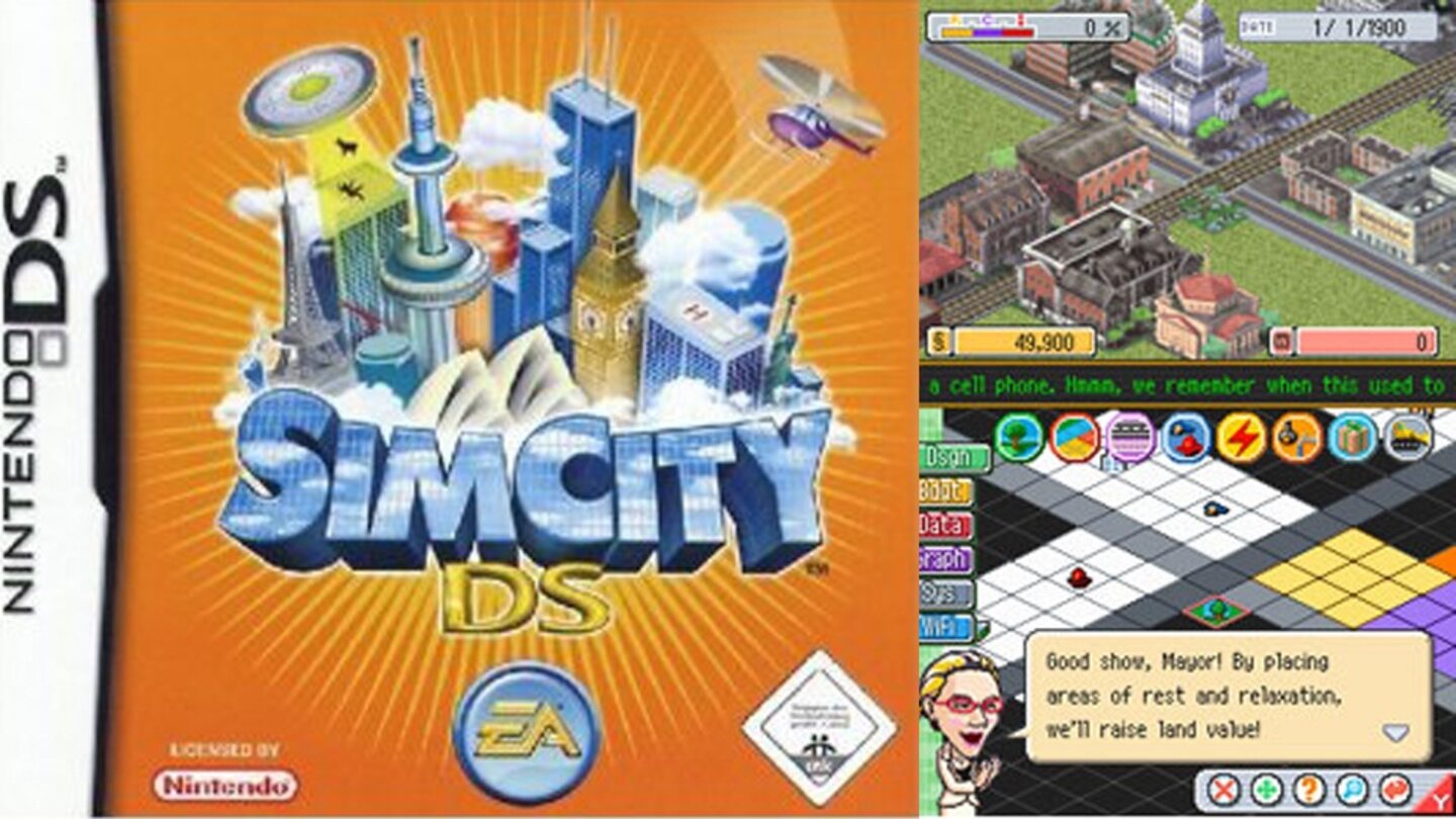 SimCity DS (2007)Das erste Sim City für Nintendos Handheld-Konsole DS ist eine vereinfachte und stark auf das Touchdisplay angepasste Version von Sim City 3000. Auf dem zweiten Display wurden zusätzliche Infos und Bedienelemente eingeblendet. Wie in den PC-Versionen helfen zuschaltbare Berater beim Städtebau.