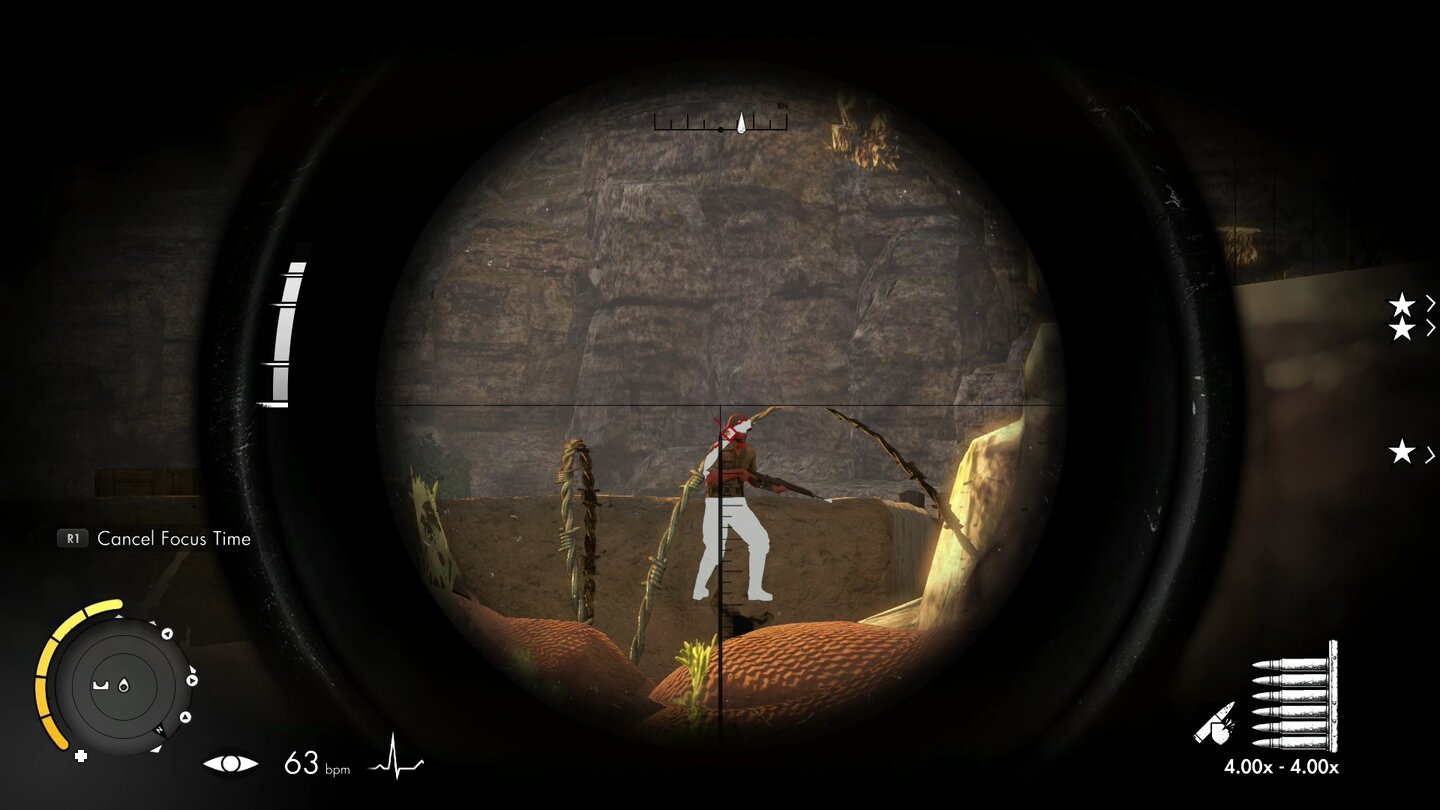 Sniper Elite 3Im Fokus-Modus zeigt uns ein rotes Fadenkreuz überdeutlich an, wohin die Kugel eigentlich geht.