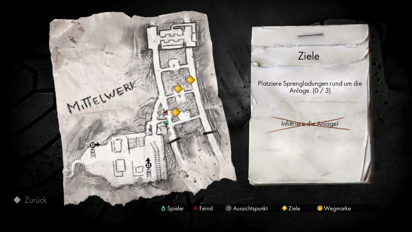 Sniper Elite V2Ein Blick auf die Karte schafft Orientierung. Ziele und Wegmarken sind gelb eingezeichnet und auch die Position markierter Feinde ist zu sehen.