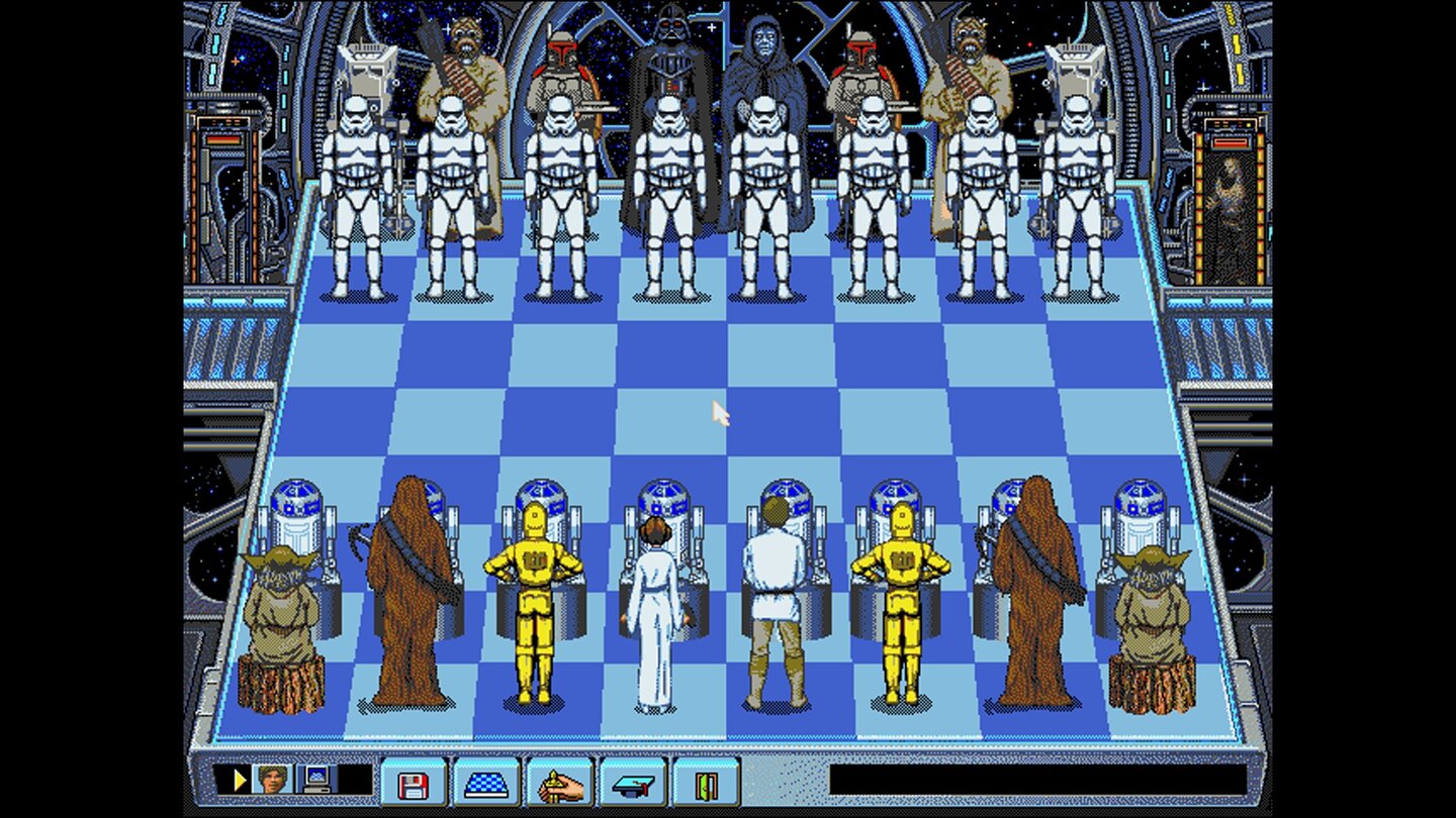 Star Wars: Chess (1993)1993 schließt mit einem kleinen Kuriosum: Star Wars Chess ist wie der Name unschwer vermuten lässt ein Schachsimulator. Statt klassischer Schachfiguren schieben wir R2-D2, Chewbacca, Leia, Sturmtruppen und Darth Vader (der übrigens den Platz der Dame einnimmt) übers Brett. Schlagen wir eine Figur, gibt es einen nett animierten kleinen Kampf.